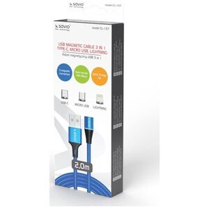 Kabel USB Savio USB-A - USB-C + microUSB + Lightning 2 m Niebieski (1_790990)
