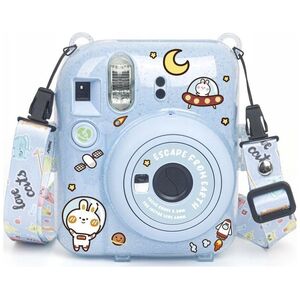 Pokrowiec LoveInstant Futerał Etui Pokrowiec Case do FujiFilm Fuji INSTAX Mini 12 + Naklejki i Kieszeń na Zdjęcia / Ucieczka z Ziemi / Niebieski Brokat