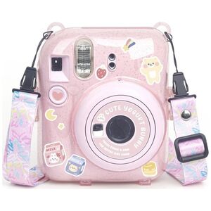 Pokrowiec LoveInstant Futerał Etui Pokrowiec Case do FujiFilm Fuji INSTAX Mini 12 + Naklejki i Kieszeń na Zdjęcia / Jogurtowy Królik / Różowy Brokat