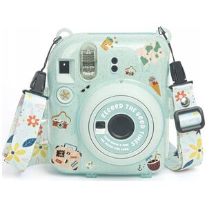 Pokrowiec LoveInstant Futerał Etui Pokrowiec Case do FujiFilm Fuji INSTAX Mini 12 + Naklejki i Kieszeń na Zdjęcia / Wakacyjny czas / Zielony Brokat