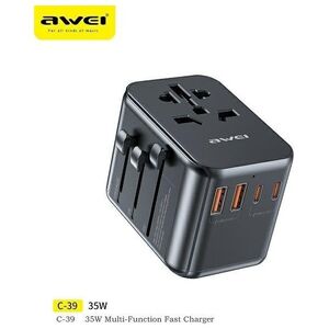 Ładowarka Awei AWEI Adapter siec 2xUSB+3xUSB-C C-39 35W 4w1 US/AU/EU/UK czarny/black Univesal Travel GaN Charger