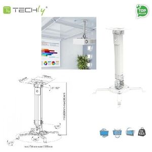 Uchwyt do projektorów Techly regulowany 38-58 cm, sufitowe, srebrny (309654)