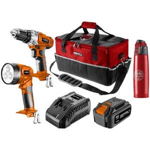 Zestaw elektronarzędzi Graphite Zestaw narzędzizasilanie akumulatorem, 04-600-M4K, wiertarka/latarka/bateria/ładowarka/termos/torba, 18V, 6 elementów, Neo Tools