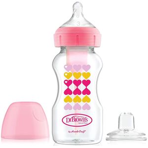 Dr Browns Butelka szeroka ze smoczkiem i ustnikiem 270ml różowa serca 6m+ Dr Browns