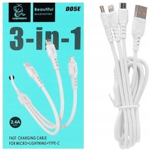 Kabel USB Denmen KABEL USB 3W1 DENMEN BIAŁY 1M D05E>