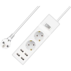 Extension socket No brand, 2 way, 250V, 16A, Cable, 3m., 4 x USB F, With switch, White - 17884 έως 12 άτοκες Δόσεις