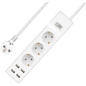 Extension socket No brand, 3 way, 250V, 16A, Cable, 3m., 4 x USB F, With switch, White - 17886 έως 12 άτοκες Δόσεις