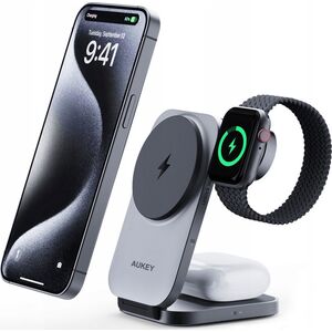 Ładowarka Aukey Aukey Bezprzewodowa ładowarka 3w1 Qi2.0, 15W, na iPhone, Apple watch i Airpods