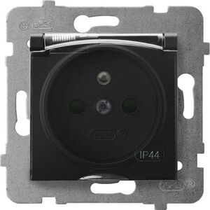 Ospel ARIA Gniazdo bryzgoszczelne z/u IP44 z przesłonami torów prądowych wieczko przezroczyste czarny metalik GPH-1UZP/m/33/d 5775395 5907577484156