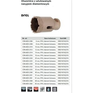Drel DREL KORONA M14 Z NASYPEM DIAMENTOWYM LUTOWANYM 6mm CON-AOD-2306 7598224 5902143165316