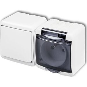 Karlik JUNIOR Łącznik jednobiegunowy + gniazdo hermetyczne (klapka dymna) biały WGHH-1d 8336474 5903292639499
