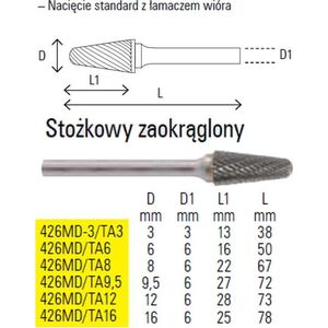 SUZHOU-CHINY PILNIK OBROT.Z WĘGLIKA STOŻK.ZAOKR.3MM 426MD-3/TA3 SUZHOU-CHINY 8386594 8014230864556