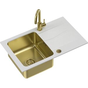 Zlewozmywak Steiner MICHAEL 111 Fusion HardRock alabaster z komorą złota (780x480x190) z syfonem Push 2 Open z baterią NAOMI złota 13949660 5904310995191