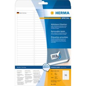 Herma Etykiety odklejalne 4202 Movables, A4, 63.5 x 8.5 mm, białe, papier matowy, 2400 szt., zaokrąglone narożniki (4202) 785156 4008705042024
