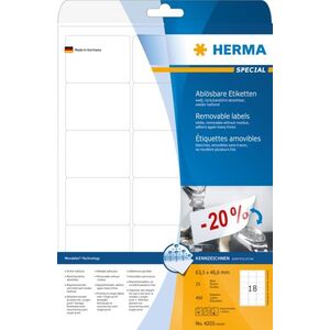 Herma Etykiety odklejalne 4203 Movables, A4, 63.5 x 46.6 mm, białe, papier matowy, 450 szt., zaokrąglone narożniki (4203) 785157 4008705042031