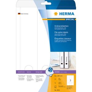 Herma Etykiety Special 4831, na segregatory, A4, białe, 61 x 297 mm, papier matowy, do drukarek atramentowych, 75 szt., zaokrąglone narożniki (4831) 785418 4008705048316