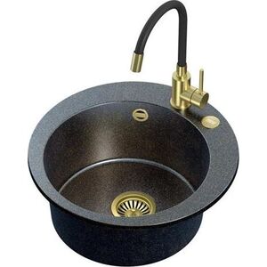 Zlewozmywak Steiner ART JAMES 210 (Ø51x20) Steingran Art Gold Black Pearl z syfonem manualnym, baterią Maggie PVD i zaślepką - czarny opalizacja złota 8648364 5903242538360