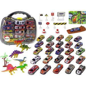 LeanToys Zestaw Auta Sportowe Resoraki Dinozaury Akcesoria Znaki Drogowe Walizka 12531501 5904665999882