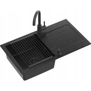 Zlewozmywak GraniteQ JOHNNY 111 GraniteQ zlewozmywak granitowy Pure Carbon 1-komorowy z/o (77x44x18,5), z syfonem black + bateria Kate Pure Carbon + dozownik + Qmata 12945660 5904310996778