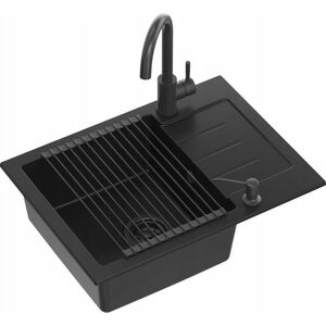 Zlewozmywak GraniteQ JOHNNY 116 GraniteQ zlewozmywak granitowy Pure Carbon 1-komorowy z/o (60x44x18,5) z syfonem black + bateria Kate pure carbon + dozownik + Qmata 12945663 5904310996785