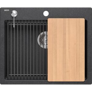 Zlewozmywak GraniteQ Quadron | KURT 110 | kuchenny zlewozmywak granitowy CZARNY kropkowany | wymiary: 59,5 x 50 x 21,5 cm | akcesoria: syfon, dozownik, deska, Qmata | 1-komorowy wpuszczany | podbudowa szafki: od 60 cm 12945682 5904310998543