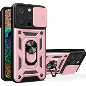 Hurtel Pancerne etui z podstawką i osłoną aparatu do iPhone 15 Pro Hybrid Armor Camshield - różowe 13251180 9145576280829