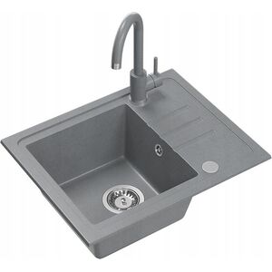 Zlewozmywak BEN 116 zlewozmywak granitowy silver stone 55x44 z szarą baterią ze stałą wylewką, ze stalowym syfonem i zaślepką 14010819 5905505505942