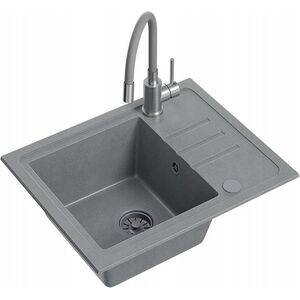 Zlewozmywak BEN 116 zlewozmywak granitowy silver stone 55x44 z szarą baterią z elastyczną wylewką, z szarym syfonem i szarą zaślepką 14010820 5905505506031