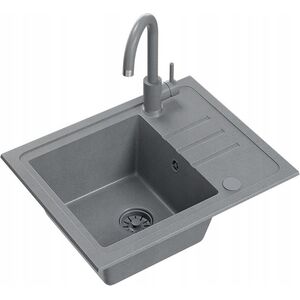 Zlewozmywak BEN 116 zlewozmywak granitowy silver stone 55x44 z szarą baterią ze stałą wylewką, z szarym syfonem i szarą zaślepką 14010822 5905505505973