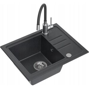 Zlewozmywak BEN 116 zlewozmywak granitowy black dotted 55x44 z czarną baterią z elastyczną wylewką, ze stalowym syfonem i zaślepką 14010830 5905505506017