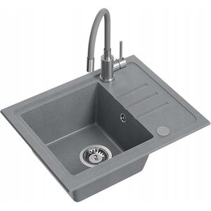 Zlewozmywak BEN 116 zlewozmywak granitowy silver stone 55x44 z szarą baterią z elastyczną wylewką, ze stalowym syfonem i zaślepką 14010838 5905505506000