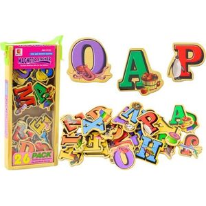 LeanToys Zestaw Magnesy Drewniane Literki Obrazki 26 Sztuk