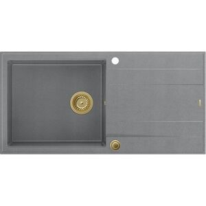 Zlewozmywak GraniteQ EVAN 146 XL GraniteQ zlewozmywak z syfonem Push 2 Open 1-komorowy z/o (1000x500x210| kom. 420x480) silver stone / elementy złote