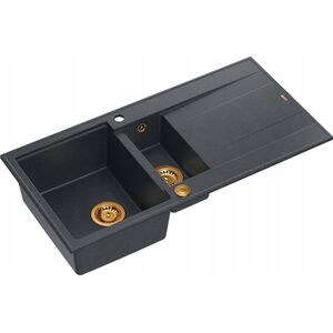 Zlewozmywak GraniteQ EVAN 156 GraniteQ zlewozmywak z syfonem Push To Open 1,5-komorowy z/o (1000x500x210| kom. 420x480) black diamond / elementy miedziane