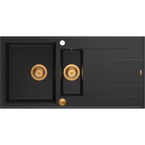 Zlewozmywak GraniteQ EVAN 156 GraniteQ zlewozmywak z syfonem Push To Open 1,5-komorowy z/o (1000x500x210| kom. 420x480) pure carbon / elementy miedziane