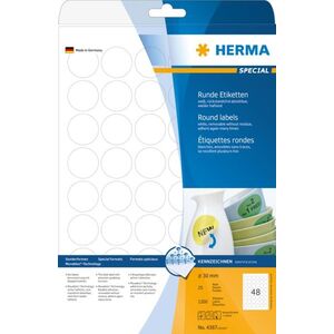 Herma Etykiety odklejalne Movables A4, okrągłe, białe, papier matowy, 1200 szt. (4387)
