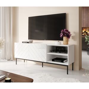 Cama Meble Szafka RTV ABETO na czarnym stelażu ze stali 150x42x60 biały/biały połysk