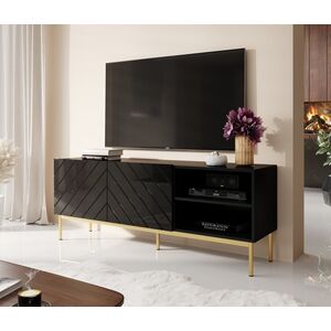 Cama Meble Szafka RTV ABETO na złotym stelażu ze stali 150x42x60 czarny/czarny połysk