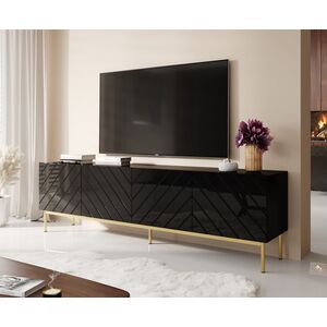 Cama Meble Szafka RTV ABETO na złotym stelażu ze stali 200x42x60 czarny/czarny połysk