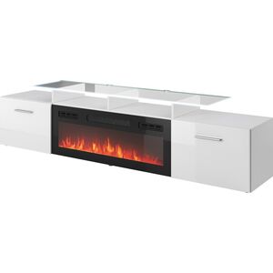 Cama Meble Szafka RTV ROVA z kominkiem elektrycznym 190x37x48 biały/biały połysk
