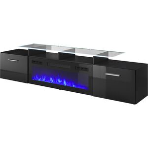 Cama Meble Szafka RTV ROVA z kominkiem elektrycznym 190x37x48 czarny/czarny połysk