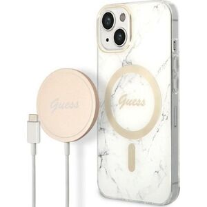 Guess Guess zestaw ładowarka MagSafe + etui do iPhone 14 Plus 6,7" białe Marble (GUBPP14MHMEACSH)