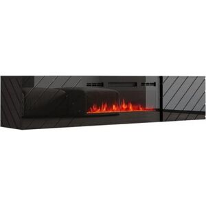 Cama Meble Szafka RTV LUXE 182,6x34,5x37,5 czarny/czarny połysk + czarny kominek
