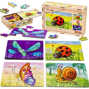 PuzzleOK Drewniane Puzzle 4w1 Owady Układanka Zestaw Zwierzątka Biedronka Ślimak