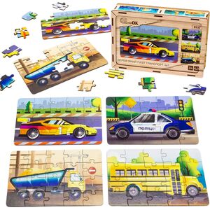 PuzzleOK Drewniane Puzzle 4w1 Pojazdy Układanka Zestaw Środki Transportu Samochody