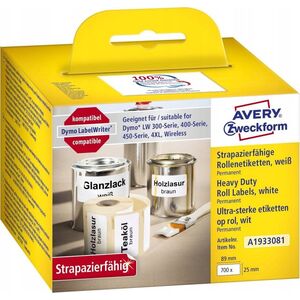 AVERY Avery A1933081, White, Rectangle, Permanent, Black on white, Roll, Polyester