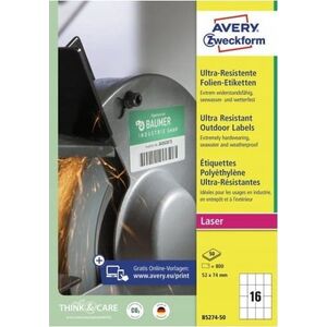 AVERY Avery B5274-50 52 x 74 mm, A4, belagt, Mat, Hvid Hvid 311x220x23mm (50Ark) - (50 st pr. karton)