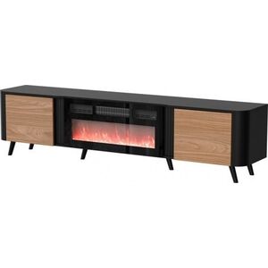 Cama Meble Szafka RTV VOLARE 200x39x49 czarny/orzech + kominek