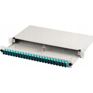Panel krosowy FO z wyposażeniem 19'' 1U, 24x SC dx, OM3, adaptery, wysuwany, szary
