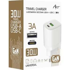 Ładowarka Art ŁADOWARKA SIECIOWA GaN PD/QC 4.0 1x USB-C 1x USB-A 30W ART